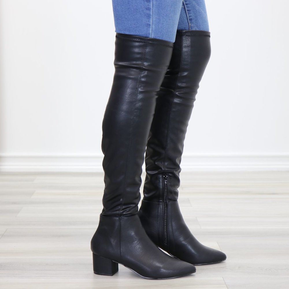 Pointy Toe Over The Knee Black Boots Faux Leather - Picture 5 of 15